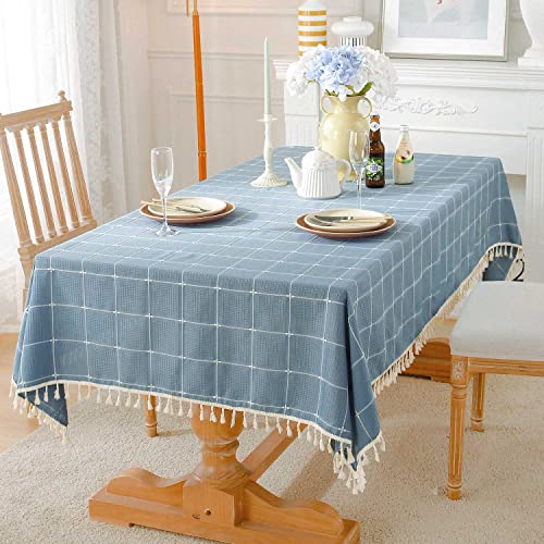 BESBESME Rustic Cotton Blend Plaided Table Cloth Boho Style Cream,Kitchen Dining Room Tablecloths for Square Tables, Washable Wrinkle Resistant,55 x 55 inches,Blue,4 Seats