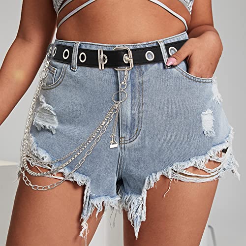 Jemiwa Leather Belt Chain Pant with Detachable Silver Punk Aesthetic Waist Belts Hip Hop Rock Jeans Chains (Black-B)