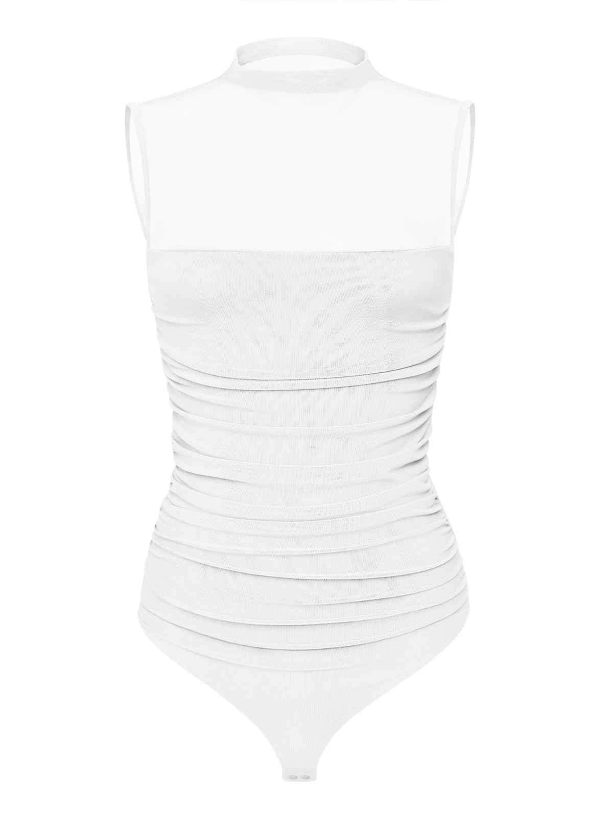 REORIA Sexy Bodysuits for Women Sheer Mesh Mock Neck Sleeveless Top Slim Fit Shirts Ruched Trendy Going Out Tops Cute Body Suit 2025 Outfits White Large