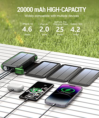 BLAVOR Solar Charger Power Bank, PD 18W Fast Charging 20000mAh Battery Pack with 4 Foldable Panels, Portable Solar Powered USB C Charger with Camping Flashlight Compass Carabiner for Cell Phone