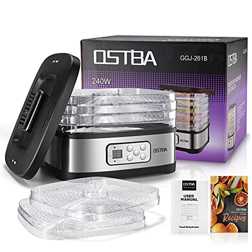 OSTBA Food Dehydrator Machine Adjustable Temperature & 72H Timer, 5-Tray Dehydrators for Food and Jerky, Fruit, Dog Treats, Herbs, Snacks, LED Display, 240W Electric Food Dryer, Recipe Book