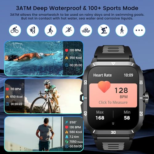 Smartwatch for Men Fitness Smart Watch: 2.0 inch Wrist Watch with Bluetooth Call Answer - Android iOS Compatible Military 3ATM Waterproof 100+ Sports Digital Activity Tracker Heart Rate Sleep Monitor