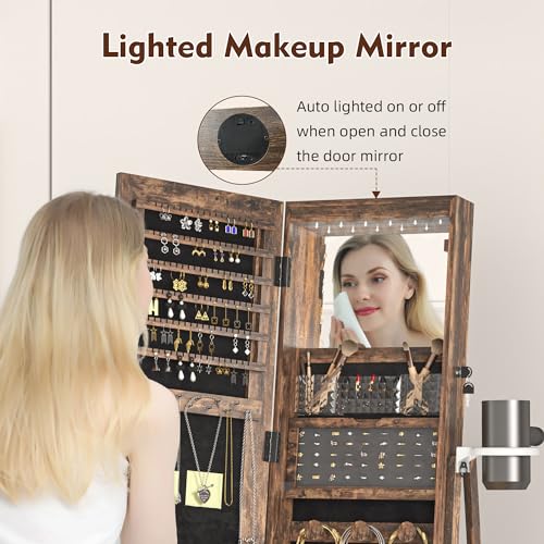 TJYGO Mirror Jewelry Cabinet Standing, Full Length Mirror Jewelry Armoire with LED Lights, Jewelry Organizer Storage, Foldable Makeup Shelf