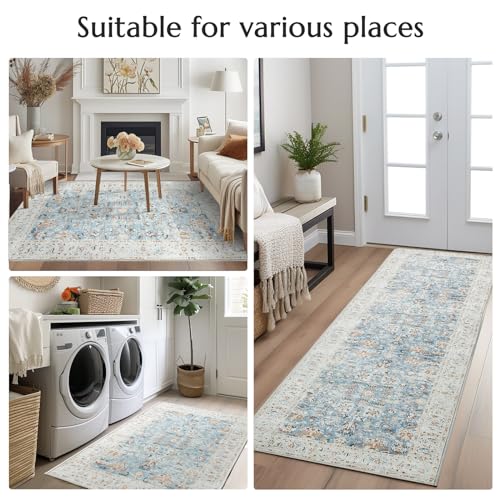 jinchan Area Rug 5x7 Washable Rug - Vintage Bedroom Rug Boho Floral Print Low Pile Thin Non-Slip Rug Retro Accent Rug Distressed Carpet for Living Room Dining Room Kitchen Office Light Blue