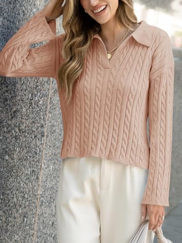 Saodimallsu Womens Cable Knit Sweater V Neck Collar Fall Trendy Long Sleeve Slouchy Loose Pullover Sweaters Tops Beige