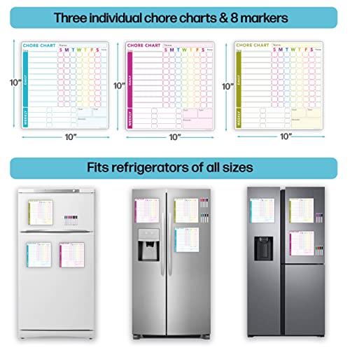 Behavior Reward Chore Chart for 1, 2, Or Multiple Kids, Teens & Adults. Fridge Magnetic Whiteboard Set- 3 Pcs of Individual Dry Erase Responsibility Charts (10x10 Inches Each) & 8 Fine Tip Markers