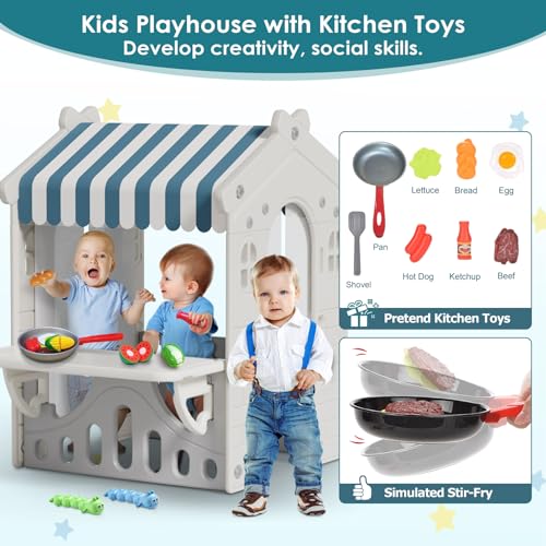 BIERUM Kids Playhouse with Cute Kids Pretend Play Kitchen Toys Set, Outdoor Playhouse for Toddlers Aged 1-3, with Windows, Door Curtains and Foldable Stand and Play Platform