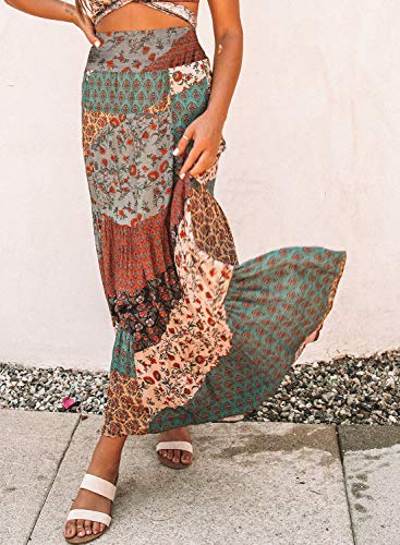 Happy Sailed Womens Retro Boho High Waist Elastic Waist A Line Flowy Long Maxi Beach Skirts with Pockets White Medium