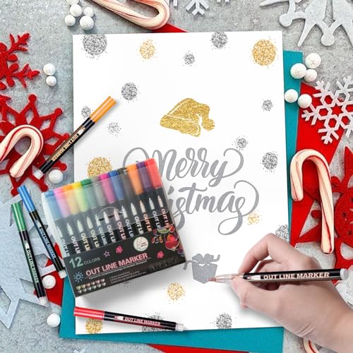 Double Line Outline Pens, 12 Colors Self-outline Metallic Markers, Shimmer Glitter Pens Set for Christmas Card Writing, Birthday Greeting, DIY Art Crafts, Scrap Booking