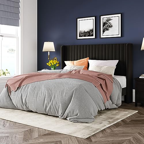 Allewie Full Size Velvet Bed Frame/Vertical Channel Tufted Wingback Headboard/Upholstered Platform Bed/Strong Wooden Slats/No Box Spring Needed/Easy Assembly/Black