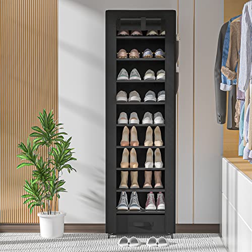 OYREL Shoes Rack 10 Tier Tall Shoe Rack Narrow Shoe Rack with Storage Box,Fabric Covered Shoe Rack,Metal Shoe Rack Organizer,Shoe Racks for Closets,Stackable Shoe Rack,Shoe Stand,Shoe Shelf Storage