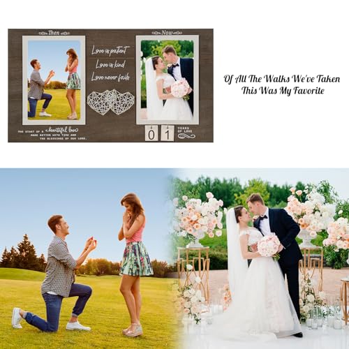 Then and Now Anniversary Picture Frame, 1-99 Years Wedding Gift Ideas, Engagement Bridal Shower Gifts, 25th Anniversary Wood Double Photo Frame for Couple, 4x6 Inches Photos