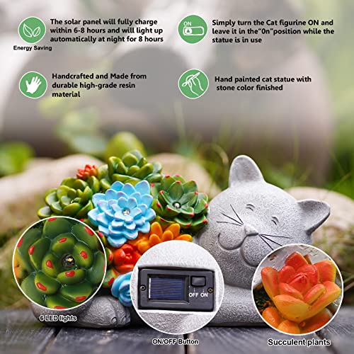 Qeeman Garden Outdoor Decor Cat Statue - Cat Resin with Solar Light Garden Statues Outsides Decorations for Cat Lovers Gardeners Family with Pets,Ornament Gift for Birthday/Mother’s Day