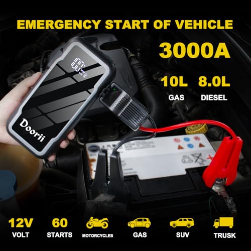 Doorii 013 Car Jump Starter, 3000A Jump Starter Battery Pack (up to 10L Gas & 8L Diesel Engines), 12V Lithium Battery Booster for Vehicles, Portable Jump Box with LED Display