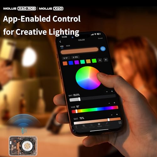 ZHIYUN Molus X60 RGB Combo 60W COB Video Light, 319g Portable LED Light, 2700K-6500K CRI 95 TLCI 98 w/Detachable Grip Battery,Support APP Control and PD Charge