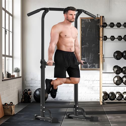 SogesHome Power Tower Pull Up Bar and Dip Station Adjustable Height Dip Stand Multi-Functional Strength Training Fitness Workout Station, Black
