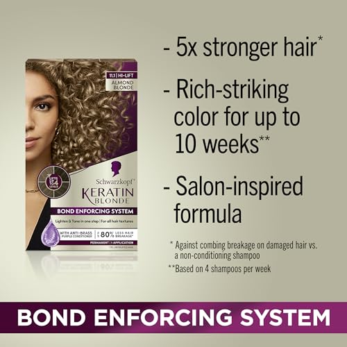 Schwarzkopf Keratin Blonde Hair Dye Almond Blonde 11.1, Hi-Lift Permanent Color, 1 Application - Hair Color Enriched with Keratin, Lightens up to 4 Levels and Protects Hair from Breakage