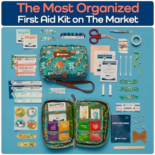 KeepGoing Travel First Aid Kit for Kids – 130 Pc. Small First Aid Kit for Car, Home, Purse, Diaper Bag & Backpack with Latex-Free Bandages - Mini First Aid Kit Travel Size TSA-Approved