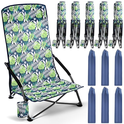 Menkxi 6 Pack Low Beach Chairs, Portable Lightweight Folding Chair for Adults, Low Seat Camping Chairs with Cup Holder, Carry Bag for Outdoor Beach Lawn Sand Picnic Travel(High Back, Green Strips)