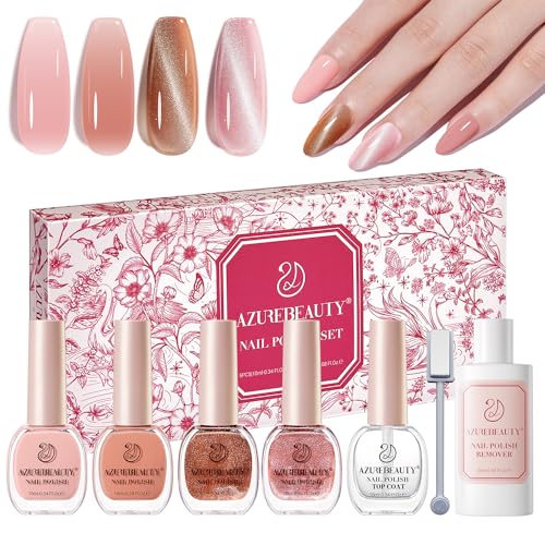 AZUREBEAUTY Fall Nail Polish Set, 4 Colors Yellow Orange Brown Glitter Vegan Quick Dry Natural Nail Lacquer Strengthening Treatment Kit with Top Coat & Nail Polish Remover DIY Salon at Home