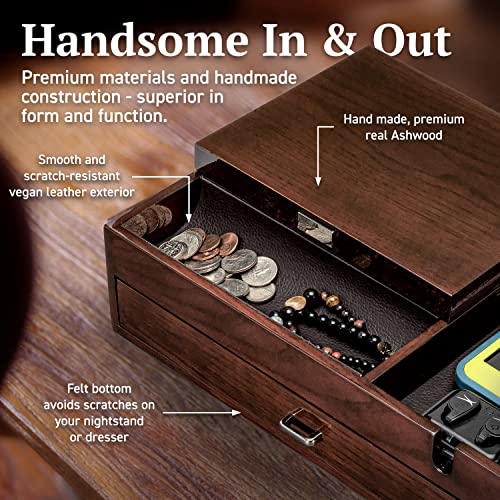 HOUNDSBAY Admiral Dresser Valet Box & Mens Jewelry Box Organizer - Watch Box Organizer for Men with Large Smartphone Charging Station (Cherry on Solid Ashwood)