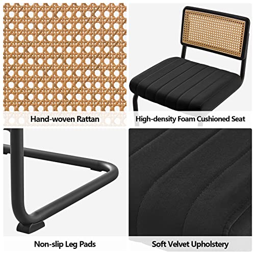 Counter Height Bar Stools Set of 2, 26" Rattan Counter Stool Velvet Upholstered Barstool with Cane Back & Metal Frame, Mid Century Modern Bar Chair Armless Kitchen Stool for Counter Island (Black)