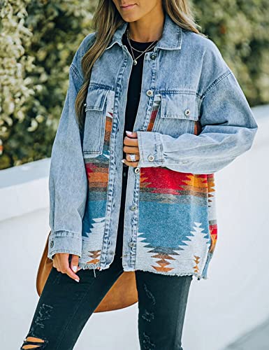 happlan Aztec Shacket Jacket for Women Wool Blend Lapel Button Down Print Shirt Coat (0332-Blue-M)