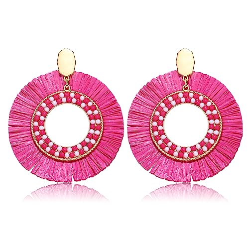 Raffia Round Dangle Earrings Handmade Beaded Raffia Dangle Earrings Boho Summer Beach Dangling Earrings Trendy Statement Geometric Earrings Jewlery for Women (hot pink raffia round earrings)