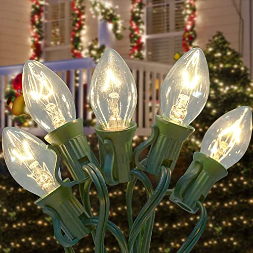 CHYSUPER C7 Christmas Lights, 25Ft C7 Clear Christmas String Lights, Halloween Lights with 27 Incandescent Bulbs for Indoor Outdoor Xmas Tree, Patio Garden Holiday Party Season Decor, Green Wire