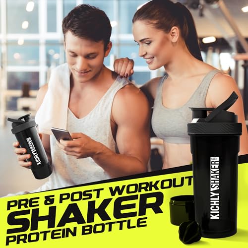 Kichly Shaker Bottle 1 Pack - 24 Ounce Plastic Protein Shaker Bottle for Pre & Post workout with Twist & Lock Protein Box Storage (Black)