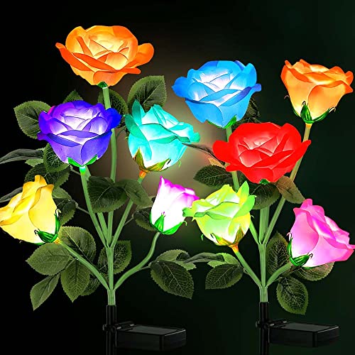 ostritec 2 Pack Solar Roses, 7 Color Changeing Flower Lights, 10 Solar Roses Outdoor Garden Decorations, Waterproof Solar Flowers Stake Lights for Patio Party RV Valentine's Day