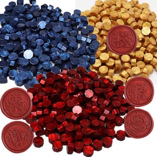 Letter R Wax Seal Stamp Kit, ONWINPOR 2PCS Eucalyptus Leaves Alphabet R Wax Sealing Stamp Set with 2Pcs Crystal Wooden Handle and 300Pcs Red Blue Gold Wax Sealing Beads, Wax Spoon and Candles (R)