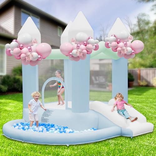 FBSPORT White Bounce House, Inflatable Bouncer with Air Blower,Indoor & Outdoor Bouncy Castle with Big Ball Pit for Wedding Party Kids Birthday Party, Easy to Install