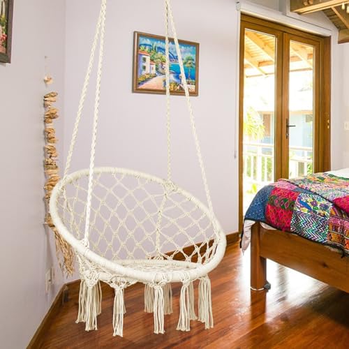 Mertonzo Hammock Swing Chair for 2-12 Years Old Kids,Handmade Knitted Macrame Hanging Swing Chair for Indoor,Bedroom,Yard,Garden- 230 Pound Capacity Off-White- 25.59" L x 18.11" W x 34.25" H