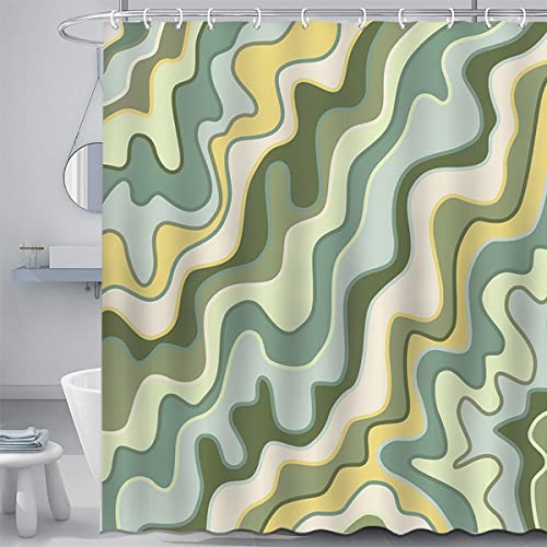 Mocsicka Retro 70s Hippie Shower Curtain Sage Green Groovy Waves Funky Shower Curtain for Bathroom Funky Abstract Art Shower Curtain Set with 12 Hooks, 72x72 Inches