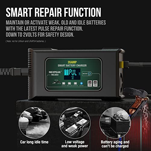 35-Amp Car Battery Charger, 12V and 24V Smart Fully Automatic Battery Charger Maintainer Trickle Charger w/Temperature Compensation for Car Truck Lawn Mower Boat Lead Acid Lithium LiFePO4 Batteries