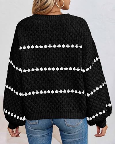 Saodimallsu Womens Oversized Sweaters Striped Long Lantern Sleeve Crew Neck Fall Trendy Knit Pullover Sweater Gray