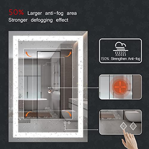 VanPokins LED Mirror, 55x36 Inch Gradient Front and Backlit Lighted Bathroom Mirror, 3 Colors Dimmable CRI>90 Double Lights, IP54 Enhanced Anti-Fog, Hanging Plates Wall Mount Bathroom Mirror