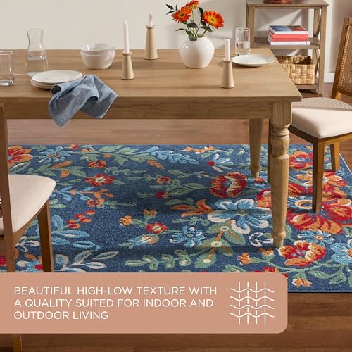 TOWN & COUNTRY EVERYDAY Hibiscus Bloom Modern Floral Indoor Outdoor Area Rug, UV Fade Resistant, High-Low Pile, Blue/Red/Beige, 3'11"x5'2"
