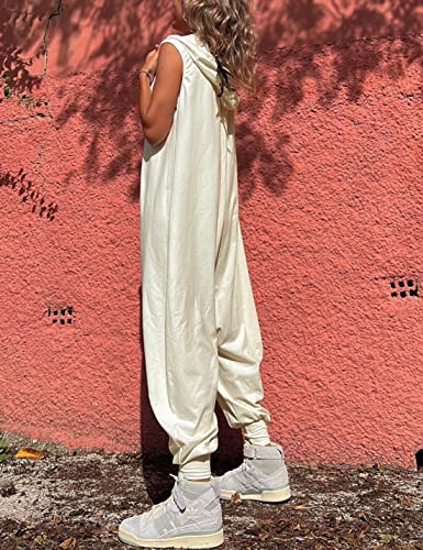 Tanming Hooded Jumpsuits for Women Casual Sleeveless Long Harem Pants Romper with Pockets (Beige-S)