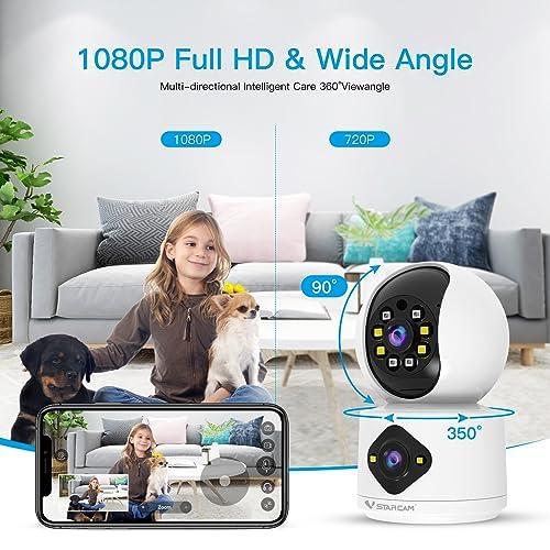 VSTARCAM 1080P Camera Dual-Lens,Indoor WiFi Camera, Security Camera Indoor,Pet Camera,Baby Monitor,360° Security Camera with Siren & Spotlight,Motion Detection, 2-Way Talk,Color Night Vision