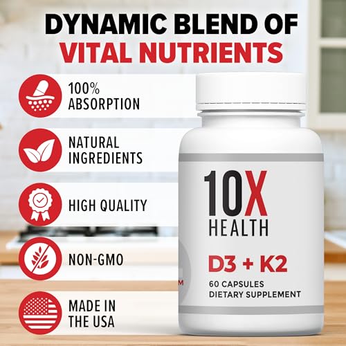 10X Health Vitamin D3 K2 - Loaded with 125 mcg Vitamin D and 90 mcg Vitamin K (Menaquinone 7) - D3 and K2 Supplements That Support Bone Health, Heart and Teeth - 60 Capsules