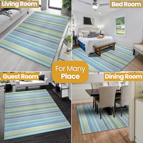 EORC Area Rug for Living Room & Home Décor – Hand-Knotted Wool Striped Oriental Rug Provides Comfort & Beauty, Indoor Floor Carpet for Dining Room, & Offices, 4ft x 6ft, Green