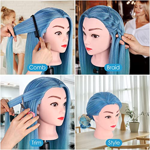 29.5 inch Mannequin Head with Hair, MYSWEETY Cosmetology Training Maniquins Head Synthetic Fiber Blue Hair Manikin Doll Head for Hair Styling Braiding Sytling with Clamp Holder + DIY Braiding Set