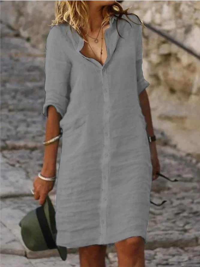 Fronage Women's Casual Cotton Linen Shirt Dress Button Down 1/2 Long Sleeve Lapel V Neck Summer Beach Midi Dresses with Pockets Grey, S