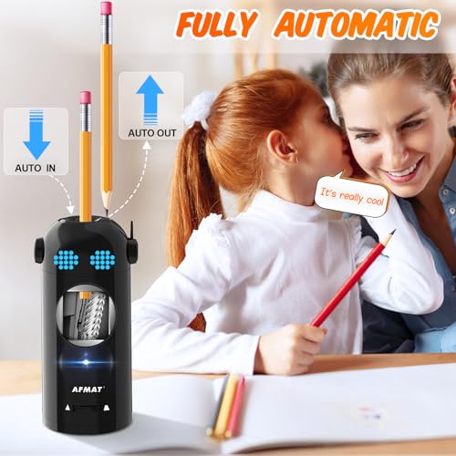 AFMAT Electric Pencil Sharpener, Robot Pencil Sharpener for Colored Pencils 7-11.5mm, Auto in & Out, Fully Automatic Rechargeable Hands-Free Pencil Sharpener for Home Classroom, Black