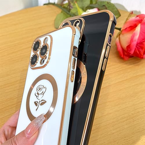 Bonoma for iPhone 14 Pro Max Magnetic Case Compatible with MagSafe, Luxury Plating Bling Rose Pattern Shockproof Case with Raised Full Camera Lens Protection for Women Girls -Black