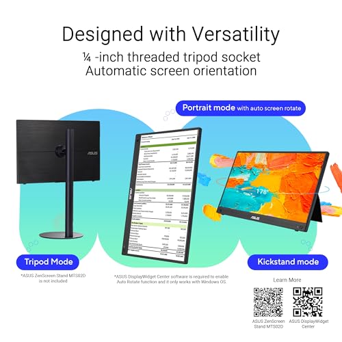 ASUS ZenScreen Touch 16” USB-C Portable Monitor (MB16AMTR) - Full HD, IPS, Built-in Battery, Kickstand, Tripod Socket, Eye Care, Compatible with Laptops, Smartphones and Game Consoles, 3 yr Warranty