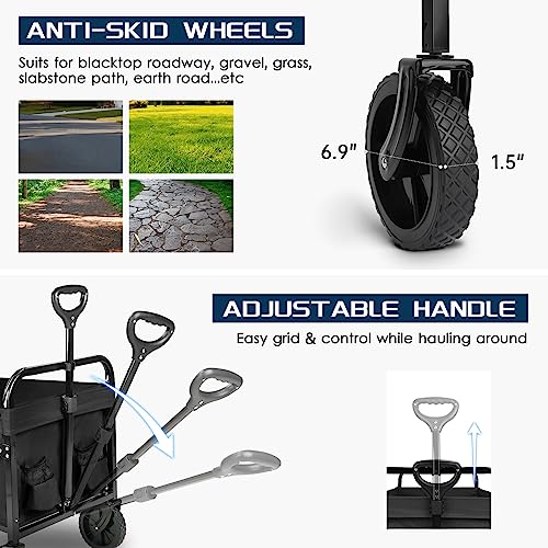 Kamopot Large Collapsible Wagon Foldable for Grocery, Beach, Park, Yard, 34 x 18 Inch Inner Storage. Folding Utility Shopping Cart on Wheels. Heavy Duty, Durable w/Cupholders (Black)