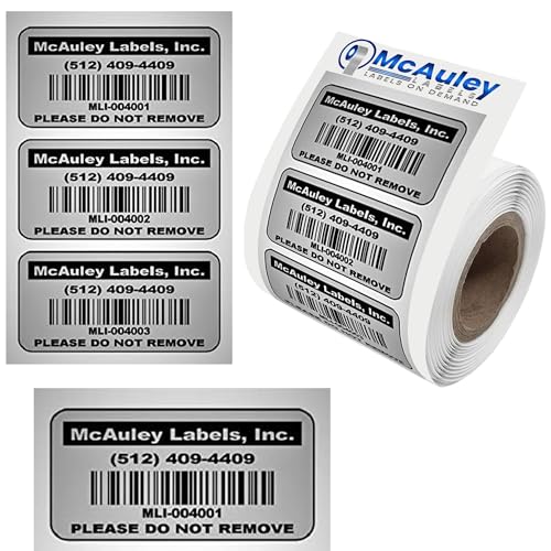 McAuley Labels Asset Tags for Equipment - Custom Inventory Stickers - Metalized Silver Polyester, Permanent Acrylic Adhesive - 2x1" - Silver, 100 Pcs